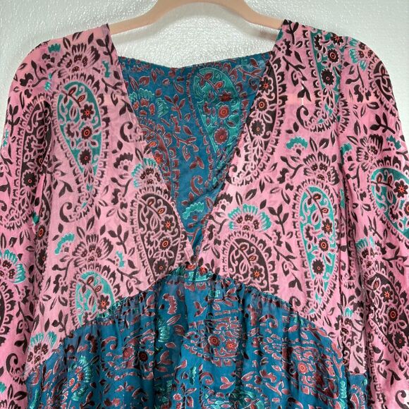 Anthropologie Floreat Valo Velvet Burnout Boho Silk Blend Teal Pink Top S - Picture 4 of 12